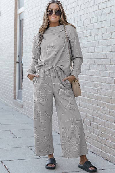 Textured Long Sleeve Top and Drawstring Pants Set-Double Take