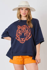 NAVY AND ORANGE AUBURN TIGER HEAD SEQUINS EMBROIDERY SHORT SLEEVE TOP-Fantastic Fawn