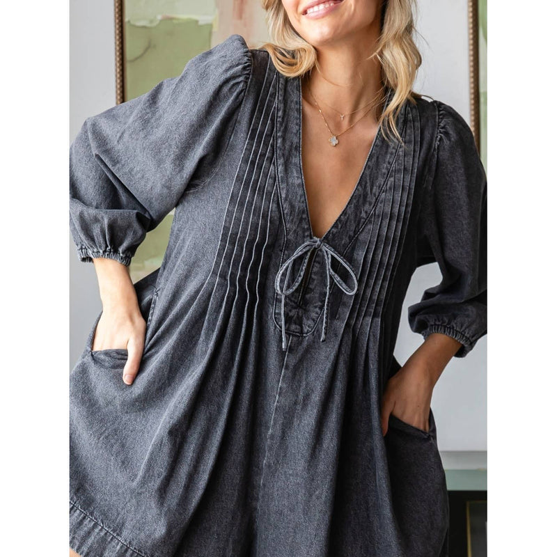 V-neck Puff Sleeve Denim Romper: Medium Wash / L-Veveret-Sissy Boutique