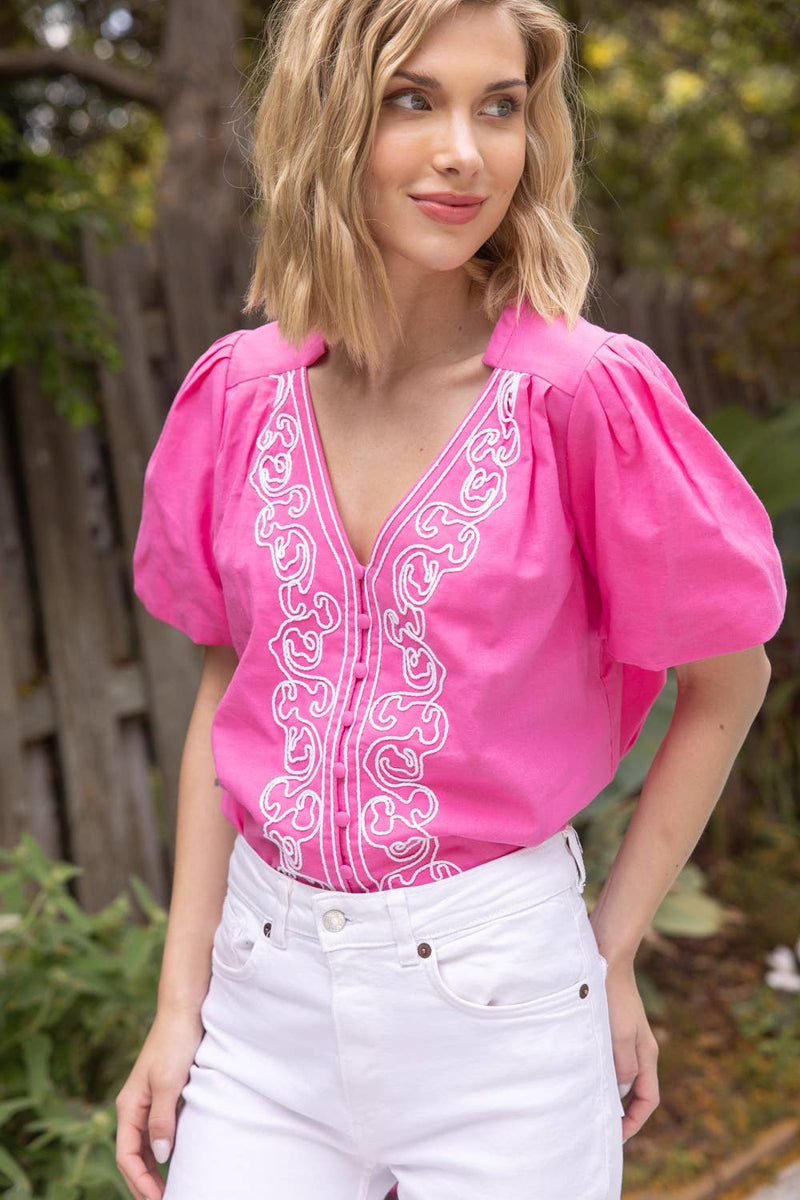 PINK EMBROIDERED BUBBLE SLEEVE TOP-VOY