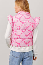 PINK RIBBON BOW PRINTED PUFFER JACKET WITH RUFFLE-Main Strip