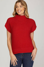 RED DROP SHOULDER SLEEVELESS MOCK NECK KNIT SHORT SLEEVE SWEATER-Peace Love Line