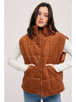 CAMEL CORDUROY QUILTED PUFFER ZIP-UP VEST WITH POCKETS-Sissy Boutique-Sissy Boutique