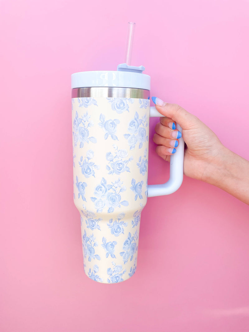 CREAM & BLUE FLORAL 40OZ TUMBLER-Rock Paper Scissors