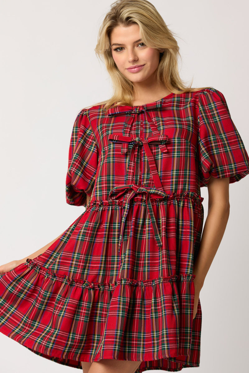 RED CHRISTMAS PLAID BOW BUBBLE SLEEVE MINI DRESS-Sissy Boutique