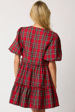 RED CHRISTMAS PLAID BOW BUBBLE SLEEVE MINI DRESS-Sissy Boutique