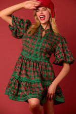 CHRISTMAS PLAID RIC-RAC TRIM MINI DRESS-Sissy Boutique