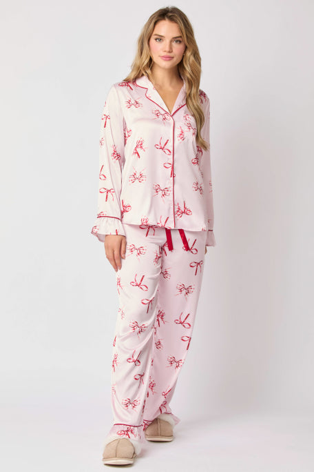 LIGHT PINK BOW PAJAMA PANTS WITH POCKETS-Sissy Boutique