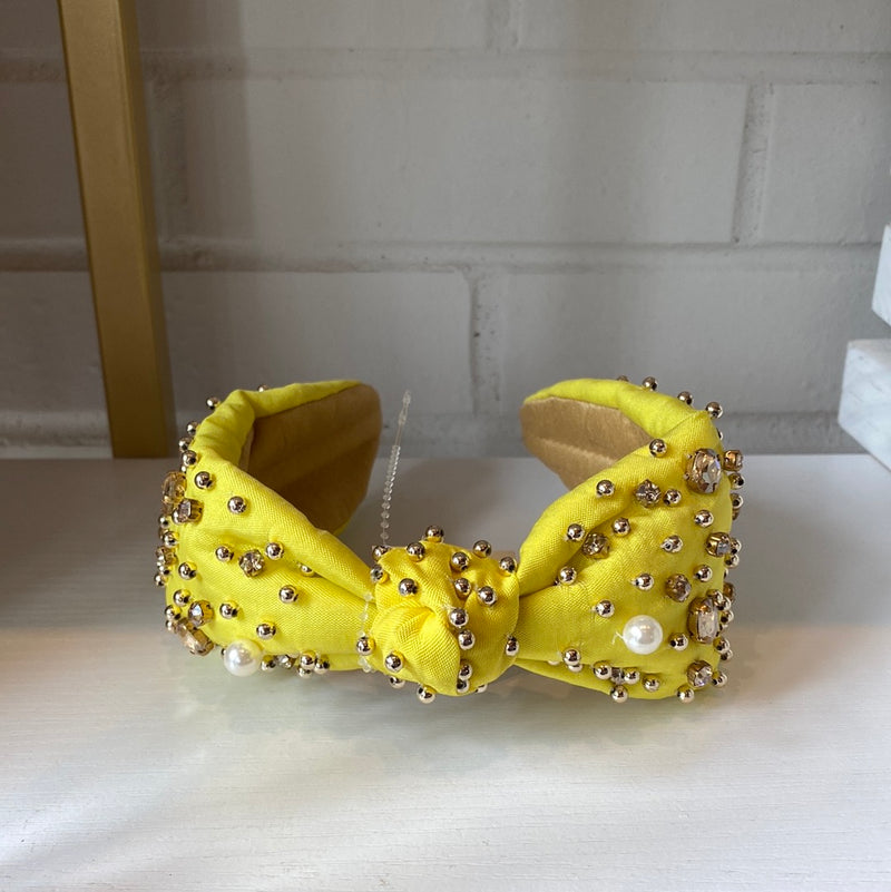 YELLOW PEARL & CRYSTAL STUDDED KNOTTED HEADBAND-Sissy Boutique