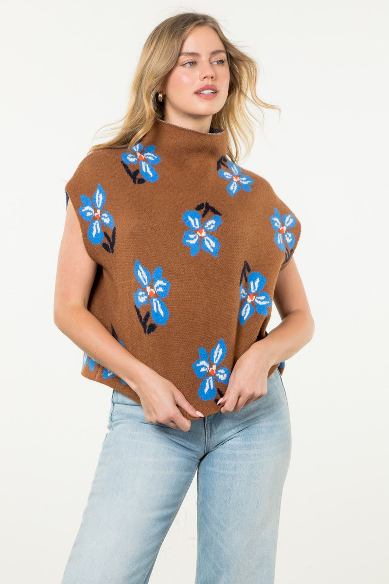 THML Brown and Blue Flower Knit Sleeveless Sweater-THML-Sissy Boutique