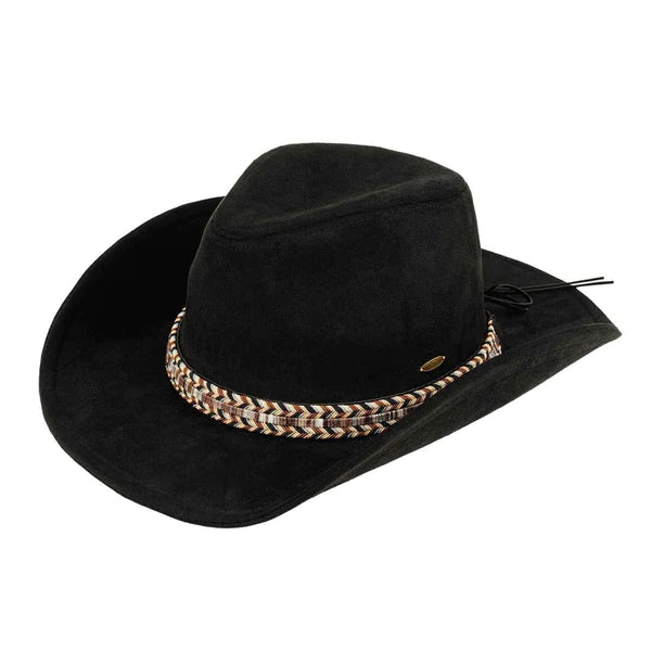 C.C. ANASTASIA SUADE COWBOY HAT BLACK WITH MULTI THREAD TRIM-Sissy Boutique