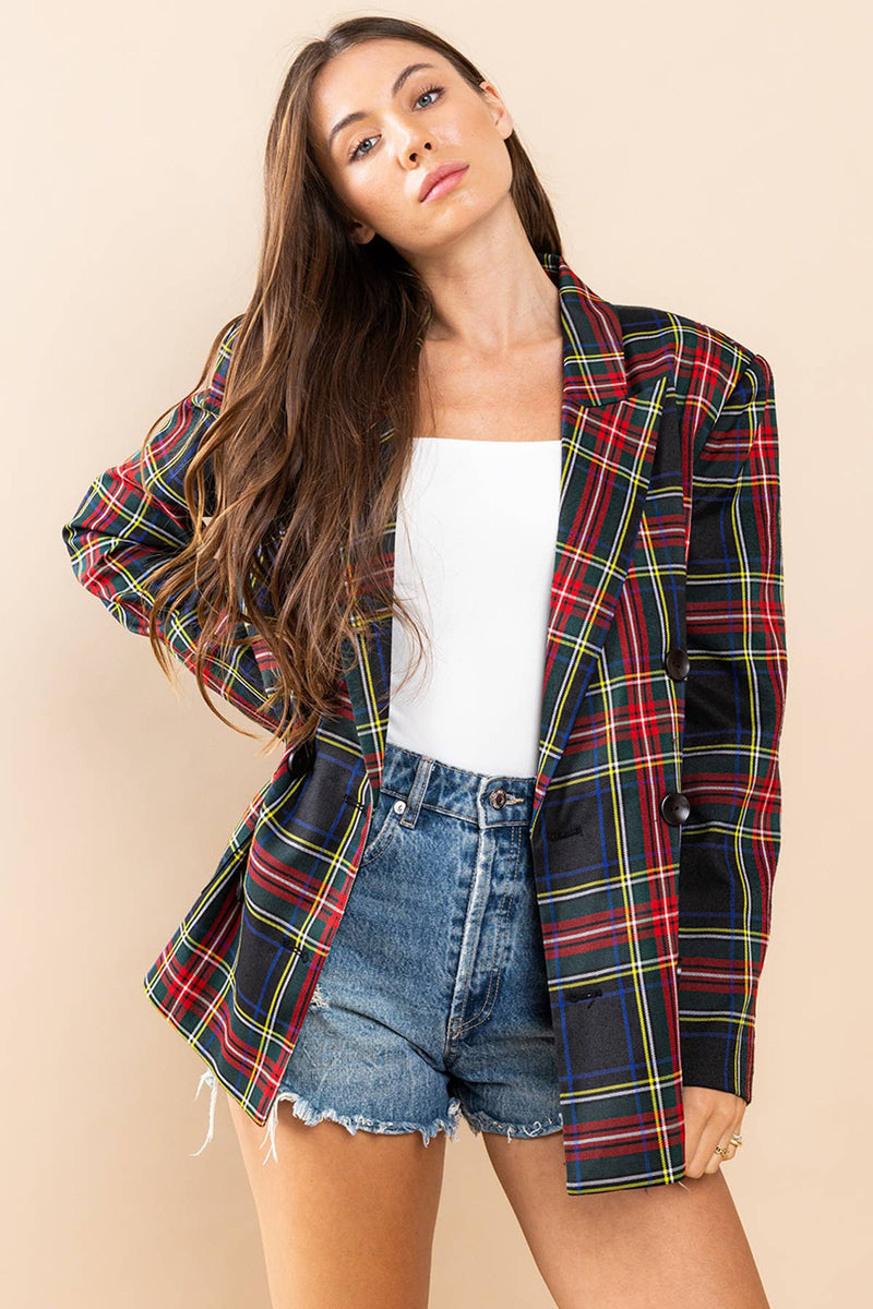 TARTAN PLAID DOUBLE BREASTED BLAZER-Ces Femme