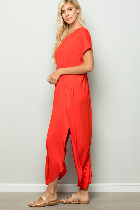 CORAL MAXI DRESS WITH FRONT POCKET & SIDE SLITS-Sissy Boutique