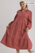 ROSE CLAY TEXTURED V NECK WITH COLLAR LONG SLEEVED TIERED MAXI DRESS-Sissy Boutique