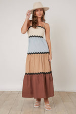 BROWN AND BABY BLUE COLOR BLOCKED TIERED MAXI DRESS-Peach Love California