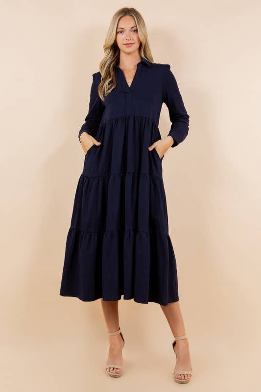 LONG SLEEVE NAVY TIERED MIDI DRESS-TCEC