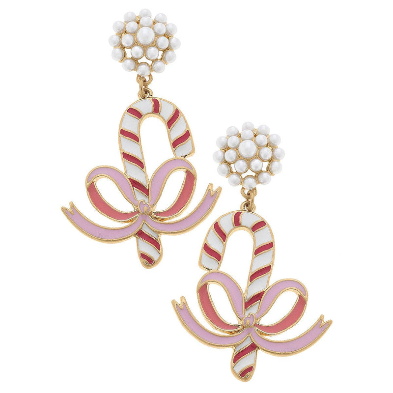 CANDY CANE & BOW ENAMEL EARRINGS IN PINK/RED/WHITE-CANVAS Style