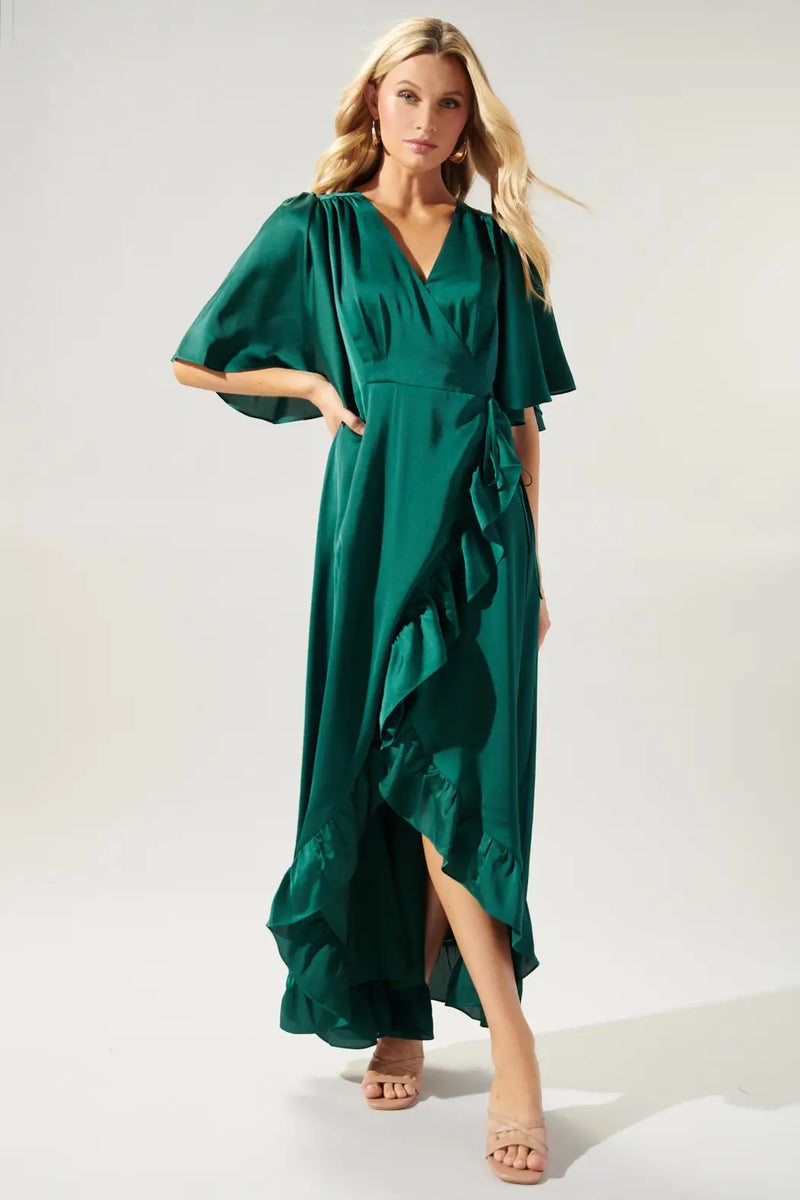 EMERALD GREEN SHORT SLEEVE ABELIA HI LOW MAXI DRESS-Sugarlips