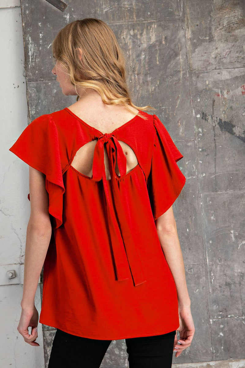 RED RIBBON TIE BACK SHORT SLEEVE TOP WITH RUFFLES-FSL Apparel