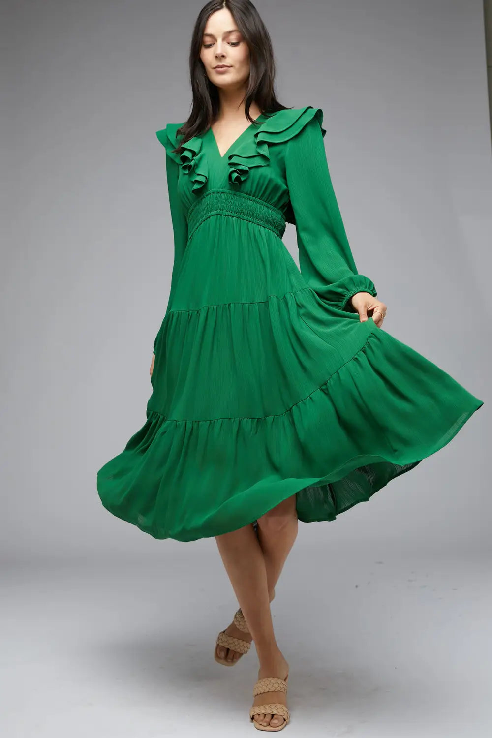 Buy Emerald Green V-Neck Layered Ruffled Maxi Dress Online | Sissy