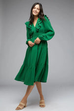 EMERALD GREEN V-NECK LAYERED RUFFLED MAXI DRESS-Davi & Dani