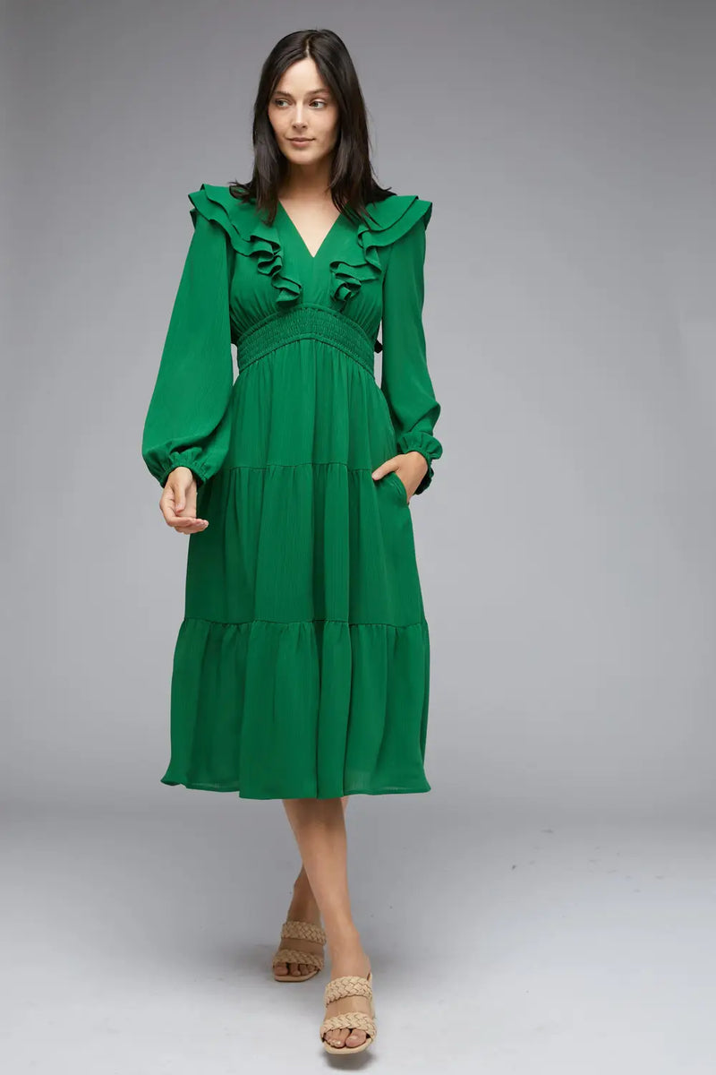 EMERALD GREEN V-NECK LAYERED RUFFLED MAXI DRESS-Davi & Dani