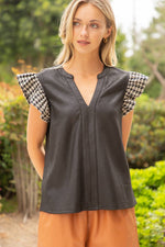 BLACK RUFFLED HOUNDSTOOTH SHORT SLEEVE DETAILED V-NECK  VEGAN LEATHER TOP-VOY