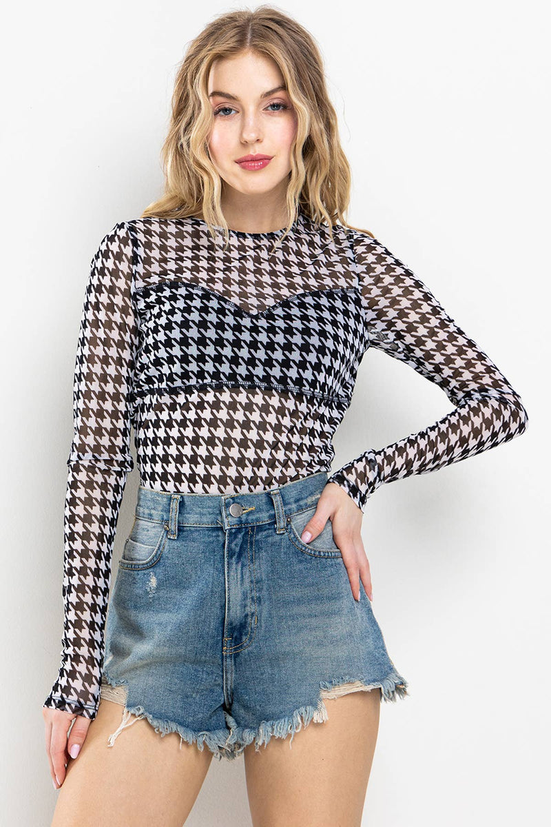 HOUNDSTOOTH MESH BODYSUIT-Ces Femme