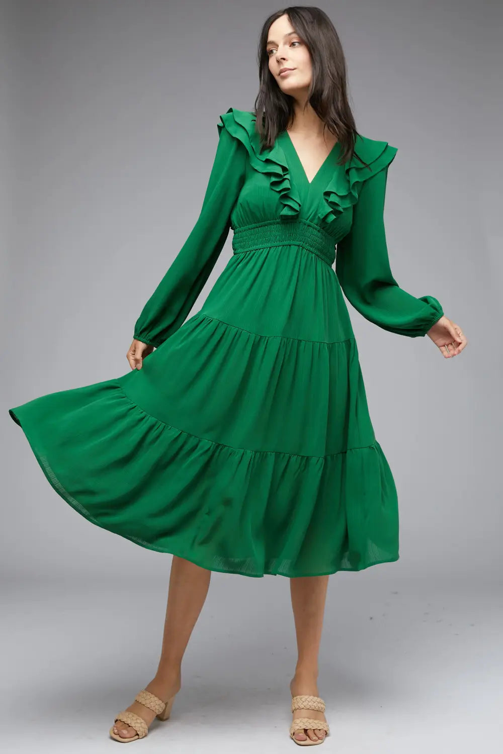 Buy Emerald Green V-Neck Layered Ruffled Maxi Dress Online | Sissy