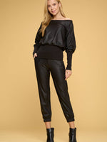 BLACK FAUX LEATHER TOP WITH RIB BANDED BOTTOM-Sissy Boutique