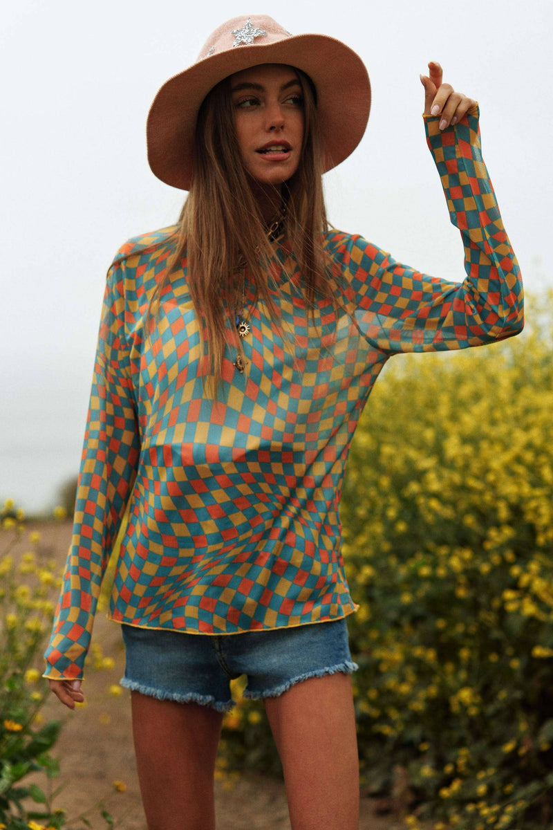 YELLOW MINT AND CORAL MULTI SHEER LONG SLEEVE CHECKERED TOP-Davi & Dani