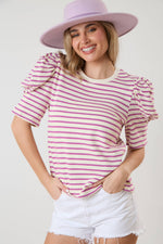 MAGENTA & CREAM STRIPE PUFF SLEEVE CREW NECK TOP-Peach Love California