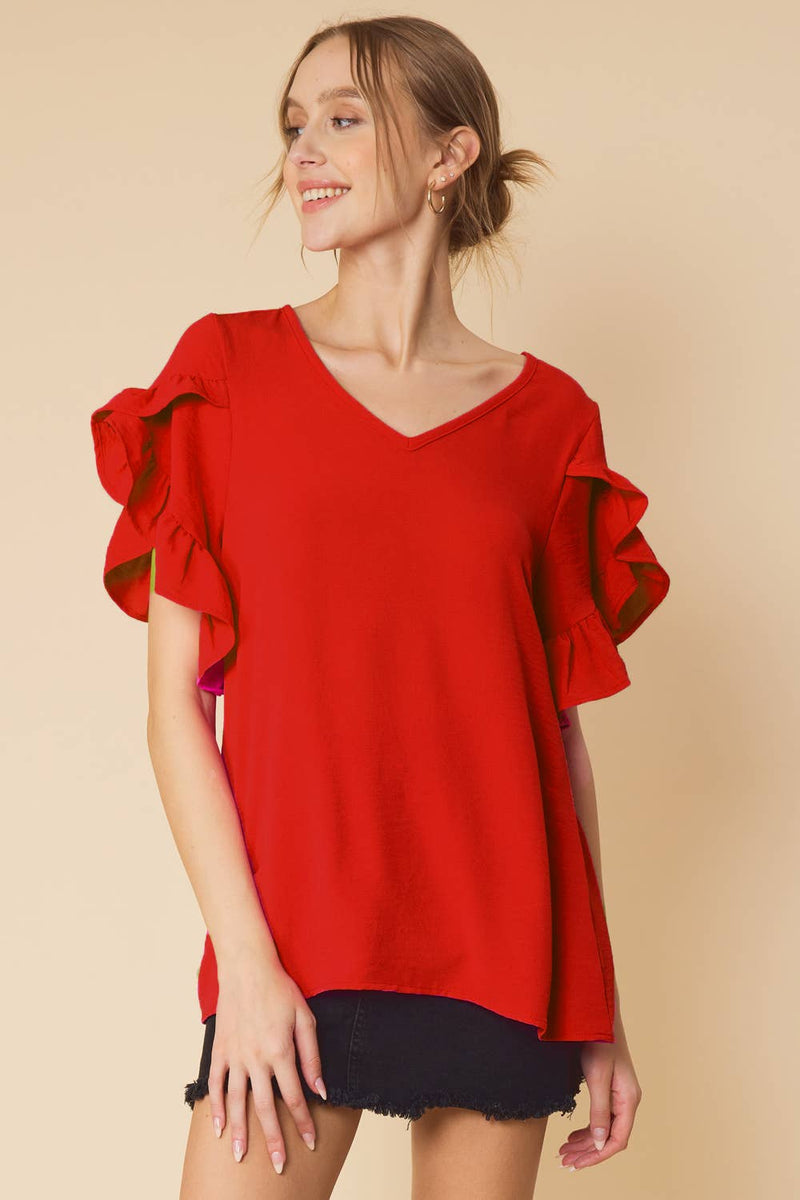 RED RUFFLED SHORT SLEEVE TULIP TOP-FSL Apparel