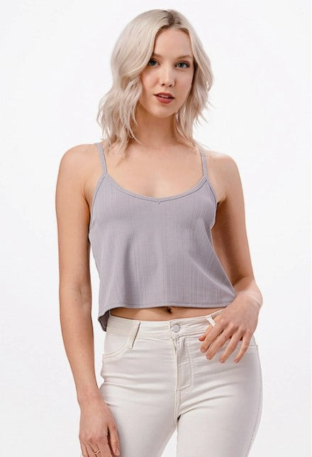 PEARL GREY RIBBED KNIT SWING CROPPED CAMI WITH ADJUSTABLE STRAPS-Sissy Boutique