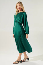 EMERALD GREEN SATIN DOLMAN LONG SLEEVE MIDI DRESS-Sugarlips