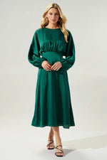 EMERALD GREEN SATIN DOLMAN LONG SLEEVE MIDI DRESS-Sugarlips