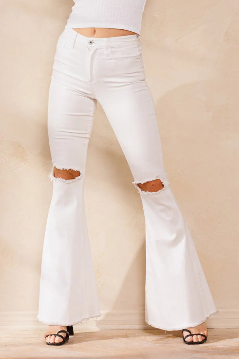 Buy White High Rise Distressed White Flare Jeans with Raw Hem Online
