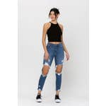 MEDIUM DENIM HIGH-RISE DISTRESSED WAISTED MOM JEANS-Cello 