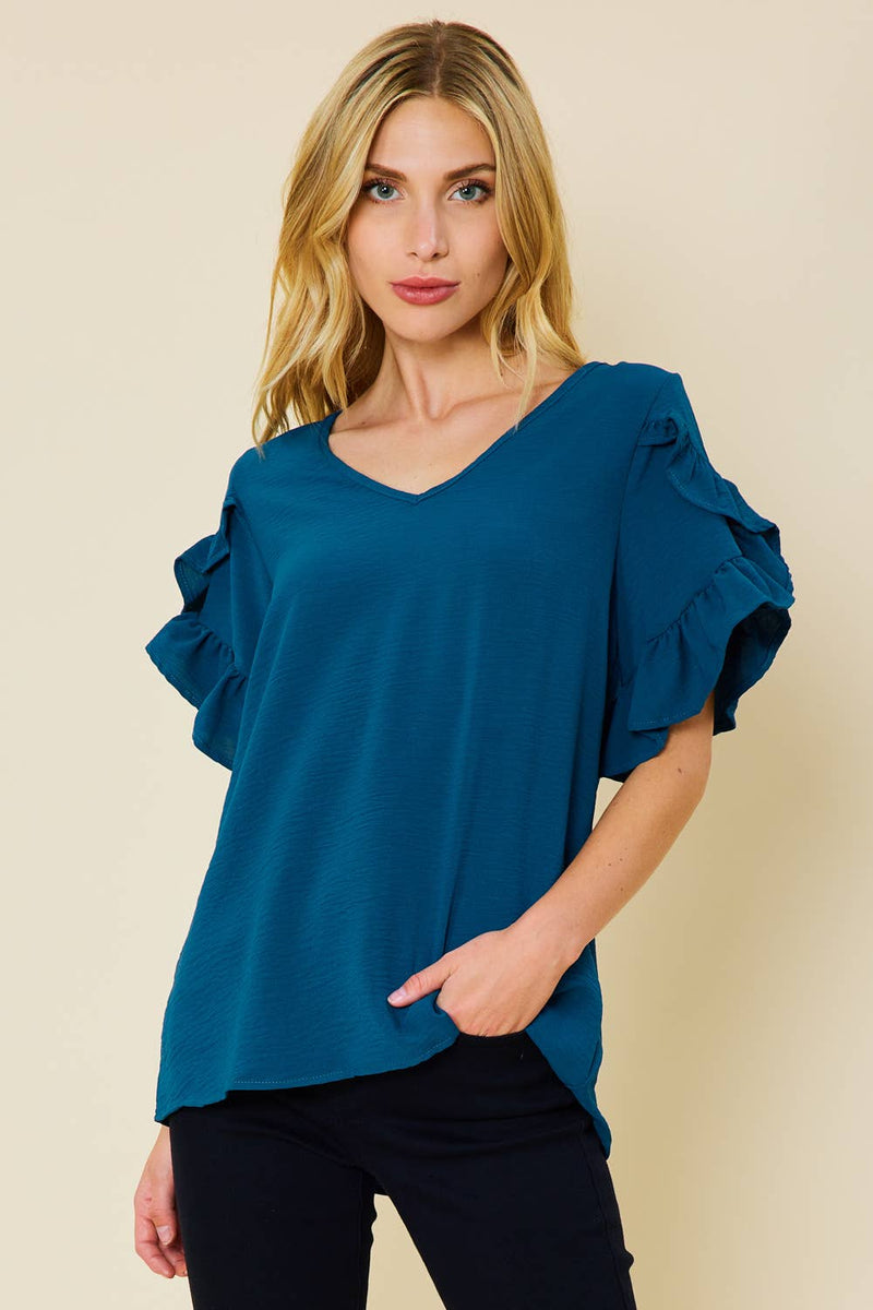 TEAL RUFFLED TULIP SLEEVE V-NECK TOP-FSL Apparel