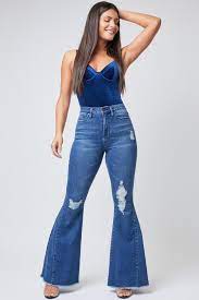 YMI MEDIUM-DARK DENIM HIGH-WAISTED DISTRESSED FLARE JEANS-YMI 