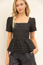 BLACK SQUARE NECK BUBBLE SLEEVE PEPLUM TWEED TOP-VOY