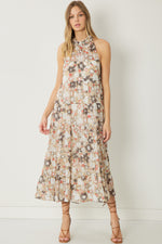 TAUPE FLORAL MIDI DRESS-Entro