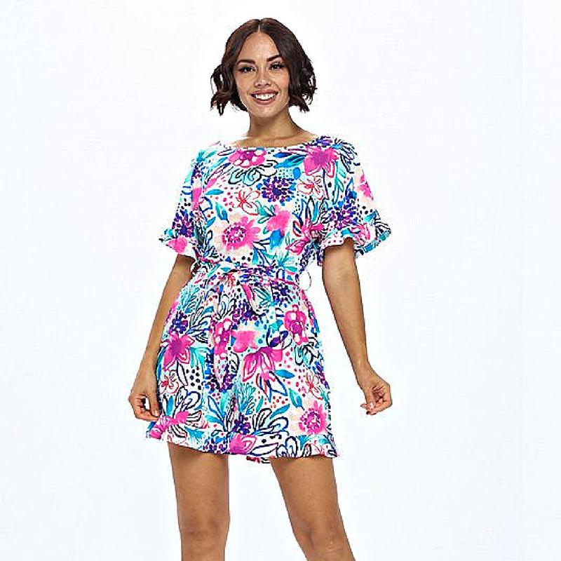 ARYEH MONICA TURQUOISE AND HOT PINK BELTED ROMPER-Aryeh