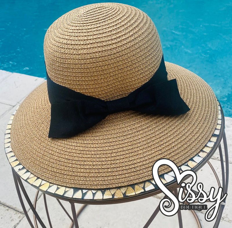 Buy Tan Ladies Adjustable Straw Sun Hat with Black Back Bow Band