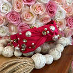 HOT PINK PEARL & CRYSTAL STUDDED KNOTTED HEADBAND-Sissy Boutique