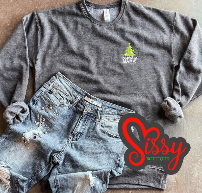 🎄MAMA🎄EMBROIDERED CHARCOAL SWEATSHIRT-Sissy Boutique