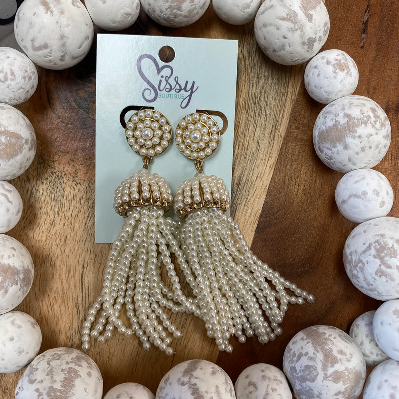 CREAM PEARLIZED TASSEL AND GOLD SEEDBEAD EARRINGS-Sissy Boutique