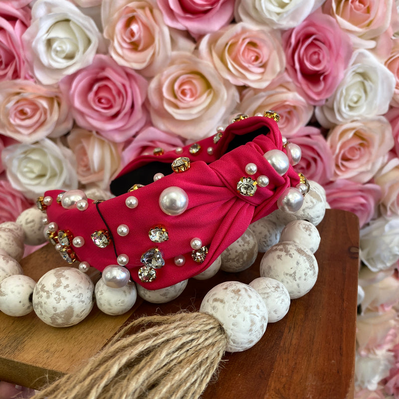 HOT PINK PEARL & CRYSTAL STUDDED KNOTTED HEADBAND-Sissy Boutique