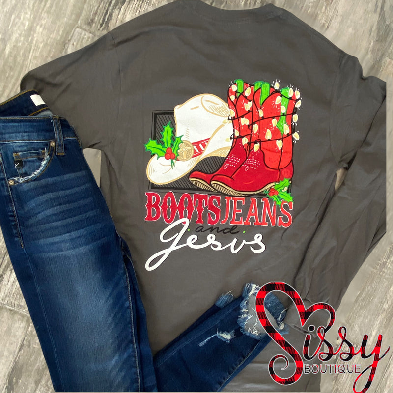 BOOTS, JEANS AND JESUS LONG SLEEVE CHARCOAL GREY CHRISTMAS TEE-Girlie Girl