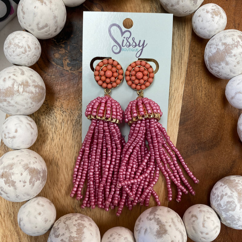 FINLEY PINK TASSEL AND GOLD SEEDBEAD EARRINGS-Sissy Boutique